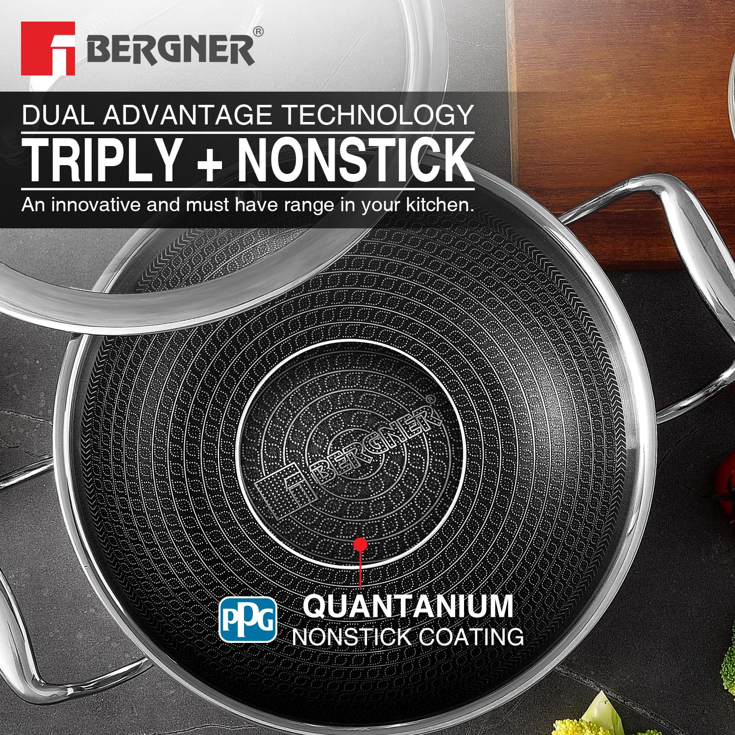 Bergner Hitech Triply Stainless Steel 26 Cm Kadai | Indian Wok With and Glass Lid