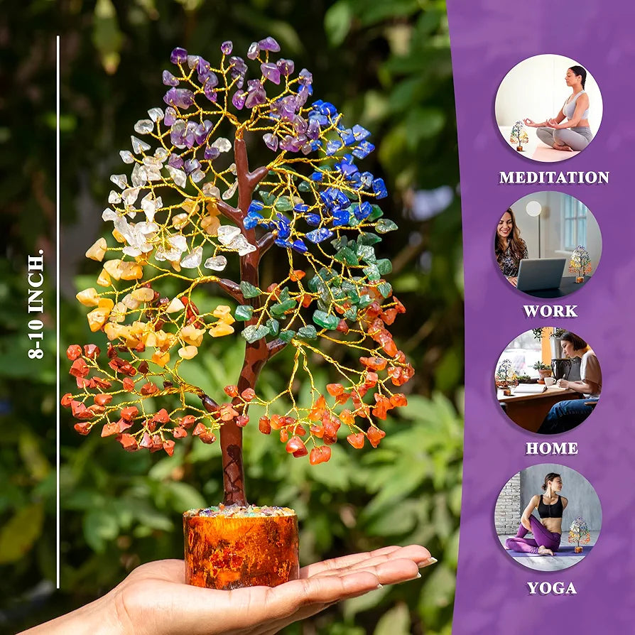 Zaicus Seven Chakra Crystal Tree of Life Stone Fortune Feng Shui Bonsai Golden Wire 10-12 Inch