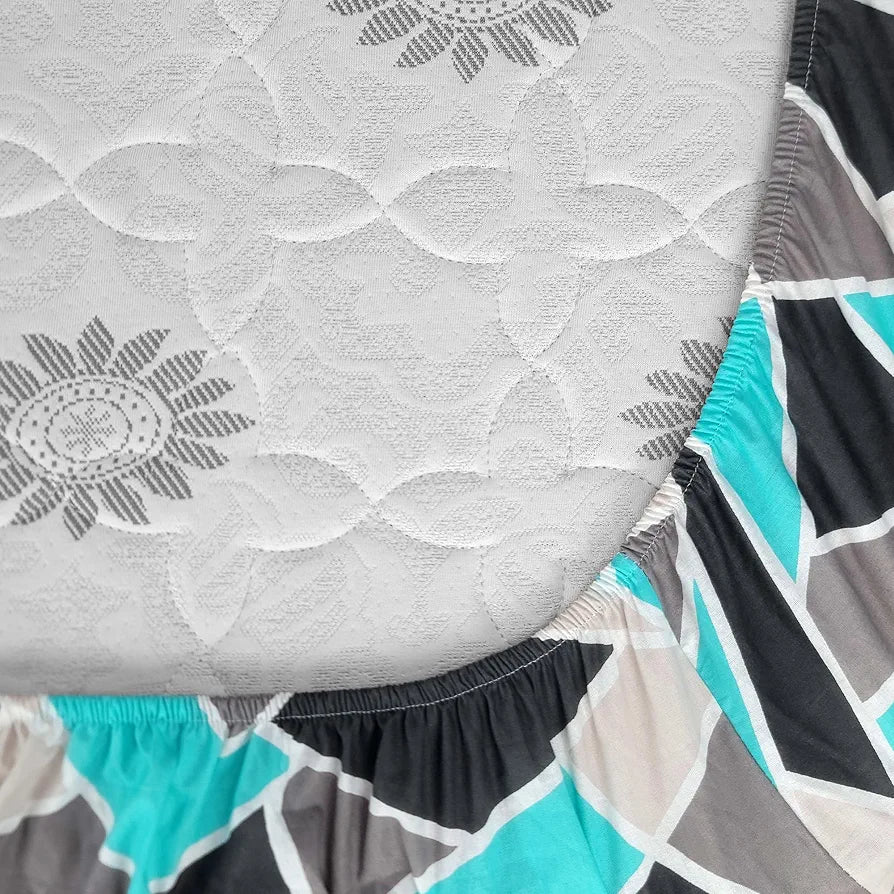 Divine Casa 144 TC 100% Cotton Abstract Print Blue Super Soft Queen Size Fitted Bedsheets Cotton Colour Crystal Teal