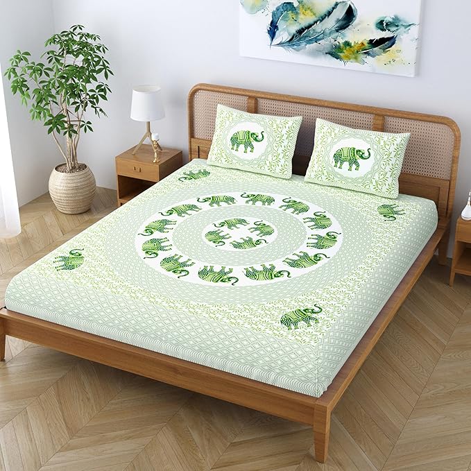 Colorish Jaipuri Traditional Elephant Printed Bed Sheet With 2 Pillow Covers | Pastel Green