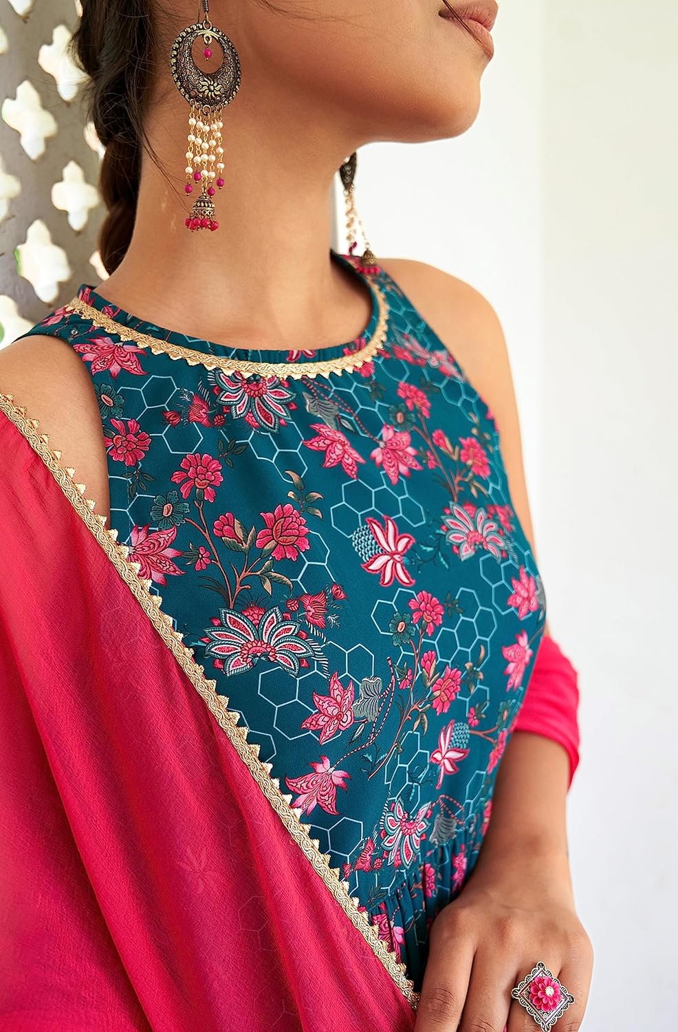 Janasya Women's Georgette Digital Floral Printed Embellished Kurta Set Blue