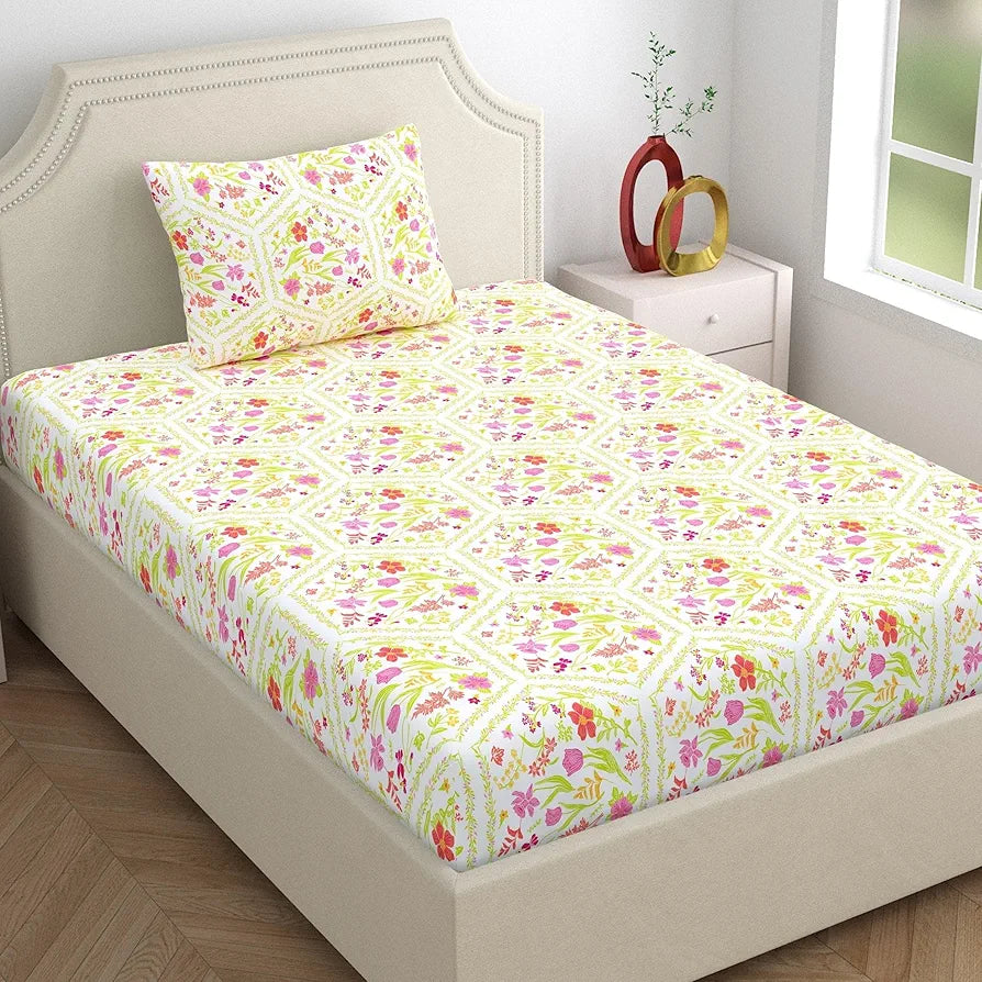 Dreamscape Cotton Single Bedsheet with 1 Pillow Cover Blush Taffy