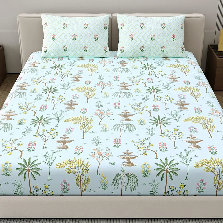 Dreamscape Cotton Value King Printed Bedsheet with 2 Pillow Covers Mint Green