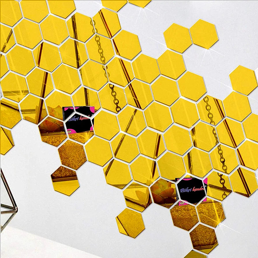 Bikri Kendra 40 Hexagon Golden with 20 Butterfly Decorative Stickers for Wall Hexagon Wall Hexagonal Mirror