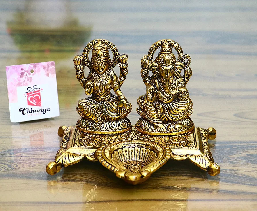 Chhariya Crafts Lakshmi Ganesha With Diya Statue Idol Murti in Metal Decorative Showpiece - 15 Cm
