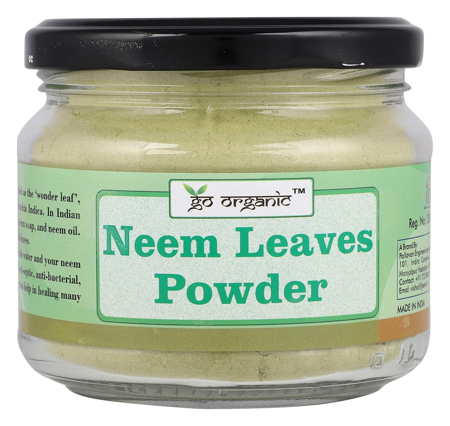 Go Organic Neem leaves powder for face, hair and body bath, food grade, 150 gm - Glass Storage
