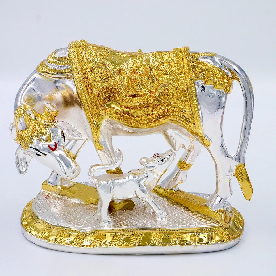 Jaipur Ace Kamdhenu Cow With Calf Statue Standard Size Golden 2 ton Cow And Calf
