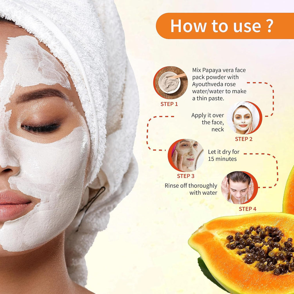 Ayouthveda Papaya and Aloe Vera Face Pack Powder for Glowing & Rejuvenating Skin | Removes Blemish & Wrinkle & Promotes Skin Health | Suitable for all skin Type (10g X 8 Sachets) (Pack of 1)