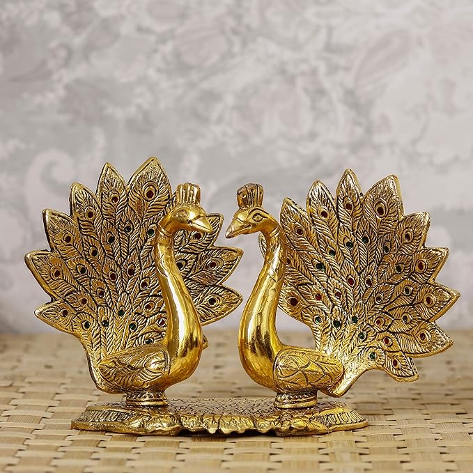 Ecraftindia Loving Golden Swan With Feather Couple 6inch Decorative Metal Figurine