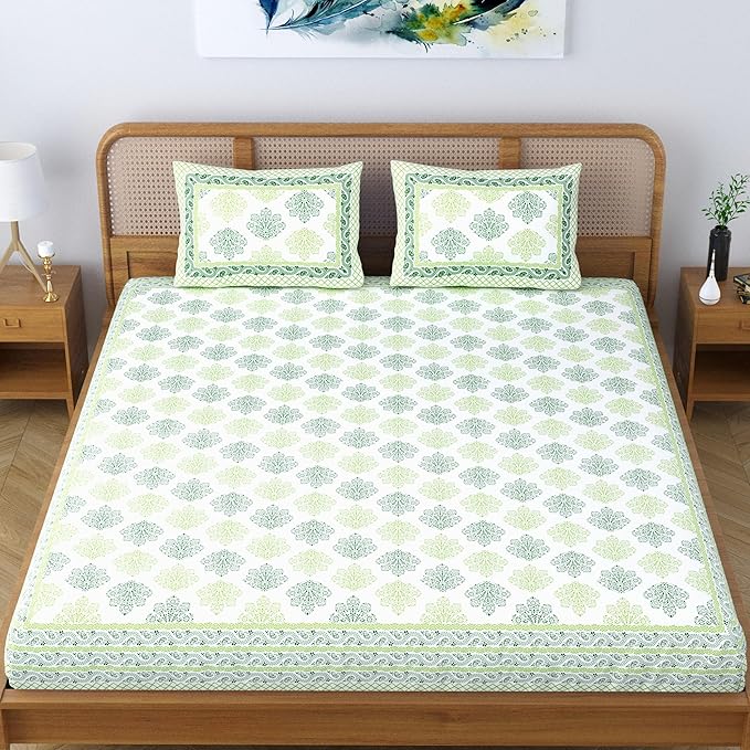 Colorish Jaipuri Traditional Floral Printed Cotton Blend Bed Sheet With 2 Pillow Covers | Pastel Green