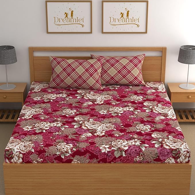 Dreamlet All Around Elastic Supersoft 210tc Premium Cotton Elastic Fitted Bedsheets With 2 King Size Pillow Covers | Red