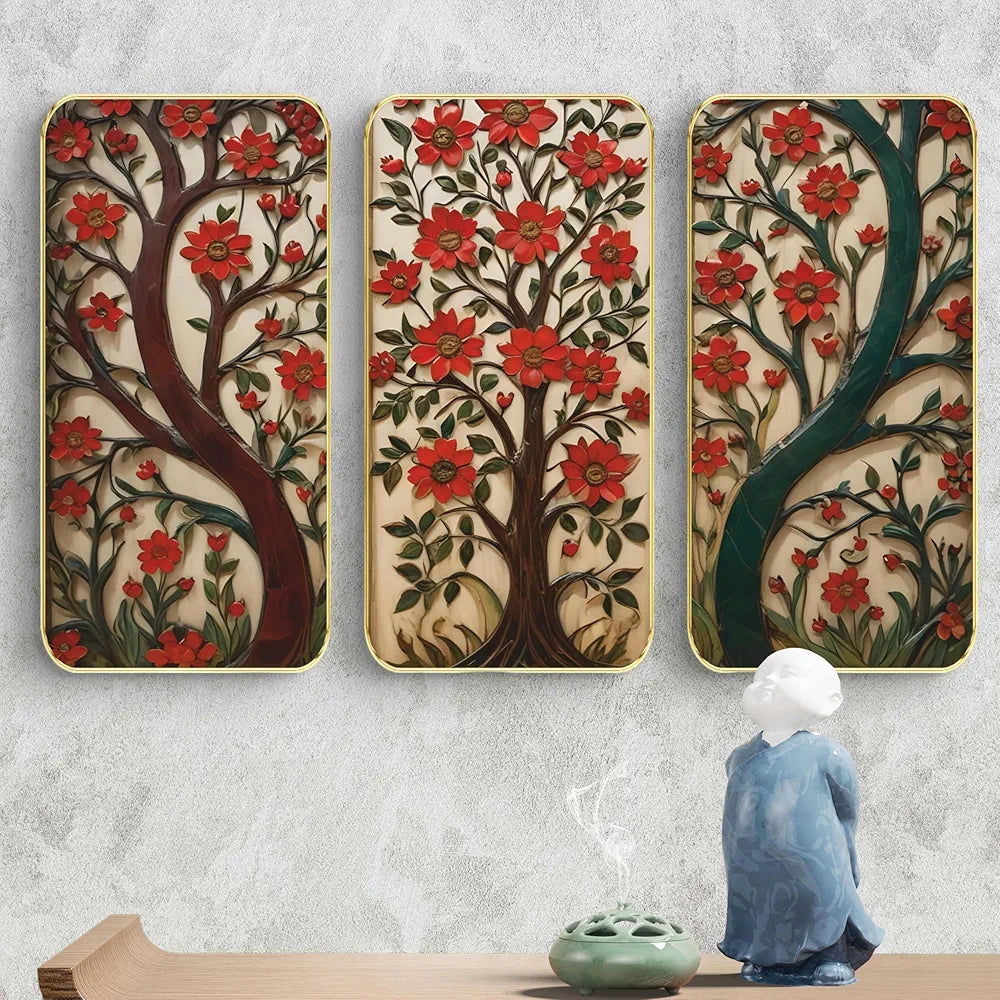 Livin'luxe Set of 3 Flowers Modern Art Boho Painting Premium Framed Laminated Wall Paintings SP-19