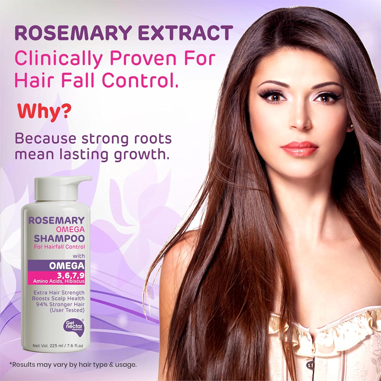 Get Nectar Happiness Korean Hair Essence Rosemary Shampoo for Hair Fall Control | Enriched with Hibiscus, Omega 3,6,7,9 & Amino Acids | Strengthens Roots, Boosts Scalp Health & Reduces Breakage | Sulphate & Paraben Free Gentle Cleanser | 225ml