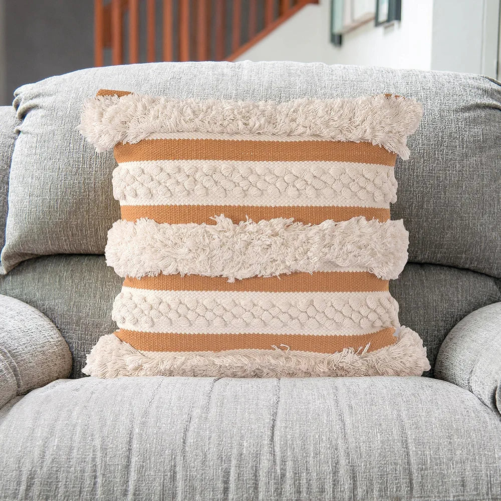 Sashaa World Boho Chic Chunky Cotton Handwoven Cushion Cover Colour Yellow Ivory