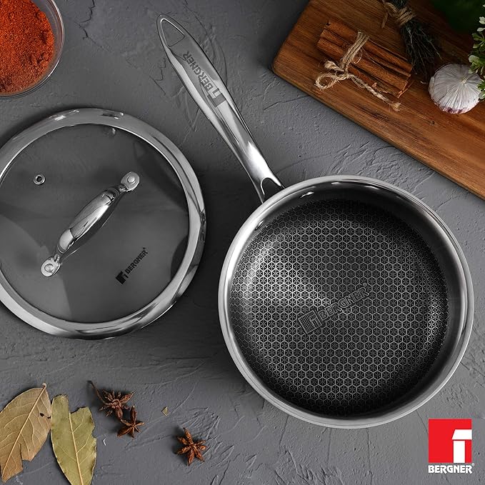 Bergner Hitech Triply Non-stick 16cm Saucepan | 1.6 L Saucepan With Non-stick Mesh Pattern Inside