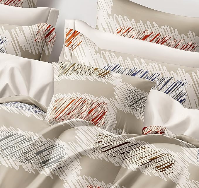 Cortina 140 Tc 100% Microfiber Printed Double Bedsheet Set With Two Pillow Case | 90x100 Inches | Striped | Beige