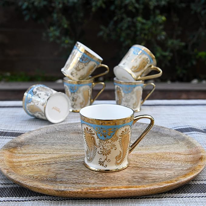Femora Golden Leaf Tea Mugs, Ceramic Tea Cups, Coffee Mugs | 180 Ml | Golden | 6 Pcs Set | Not Microwave Safe