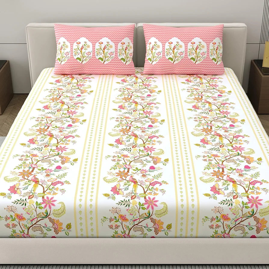 Dreamscape Cotton King Fitted Floral Bedsheet With 2 Pillow Covers Rose Pink