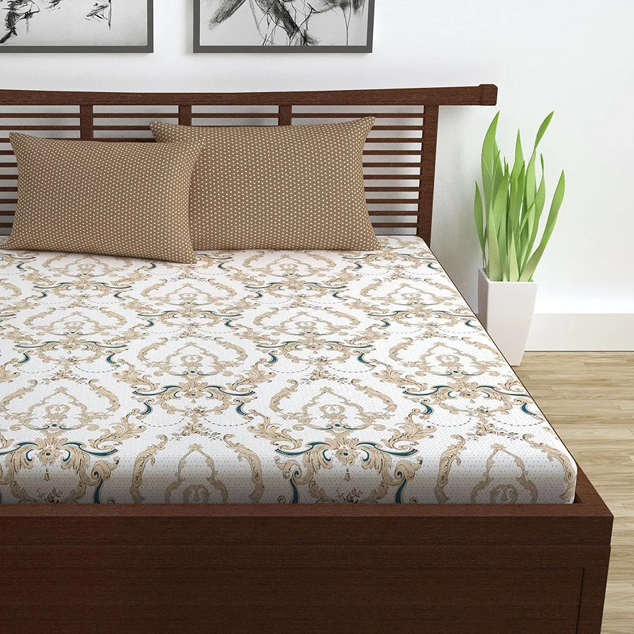 Divine Casa Double Size Bedsheet for Double Bed 144 TC Pure Cotton Queen Size with 2 Pillow Covers Floral Colour Ivory Gold