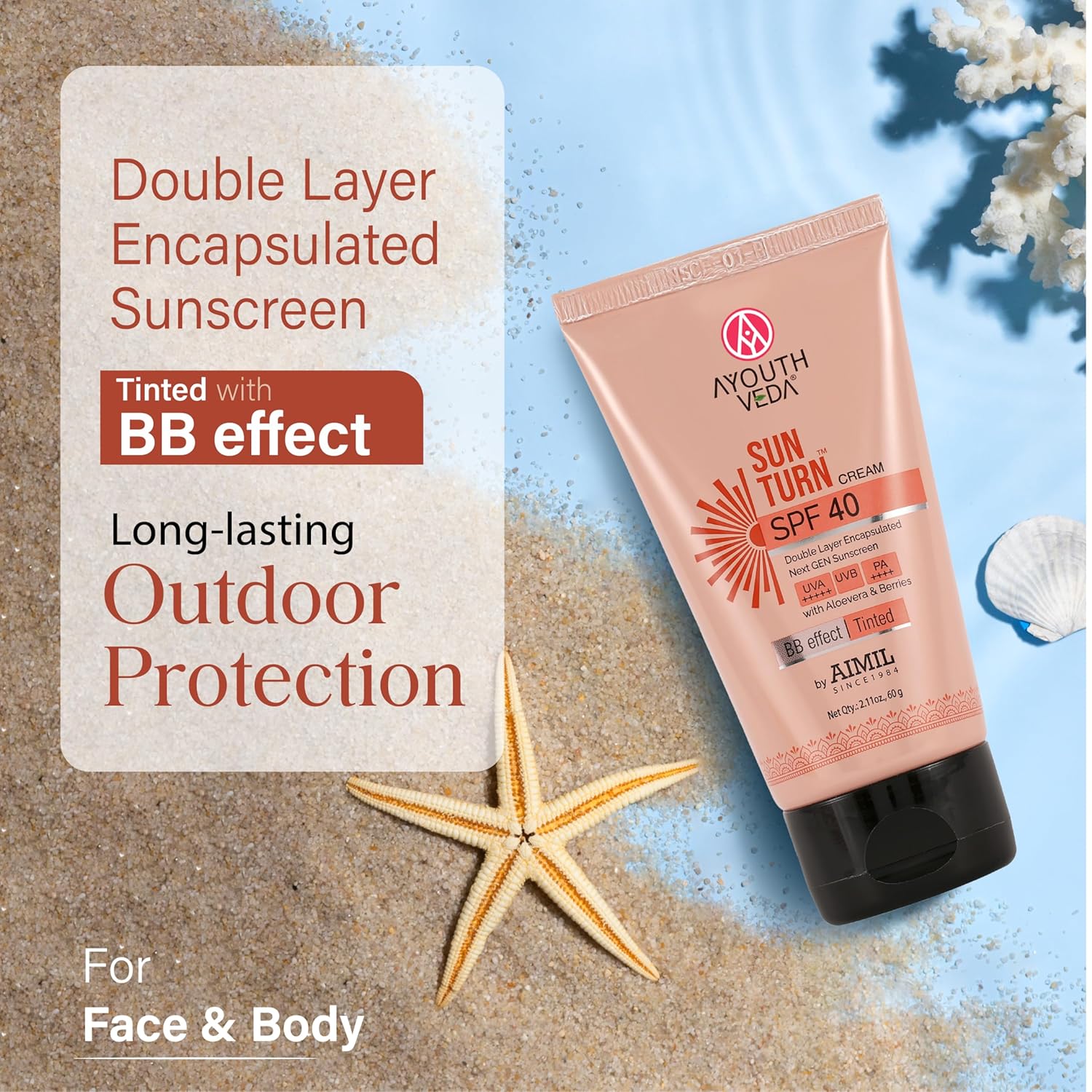 Ayouthveda Sunturn Cream SPF 40 Tinted Sunscreen with BB Effect & PA++++ | Zinc Oxide, Aloe Vera & Berry Extracts | Broad Spectrum UVA/UVB & Blue Light Protection | No White Cast | Lightweight & Water Resistant | 60g (Pack of 1)