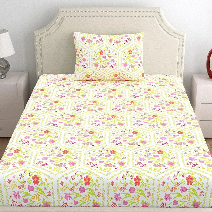 Dreamscape Cotton Single Bedsheet with 1 Pillow Cover Blush Taffy