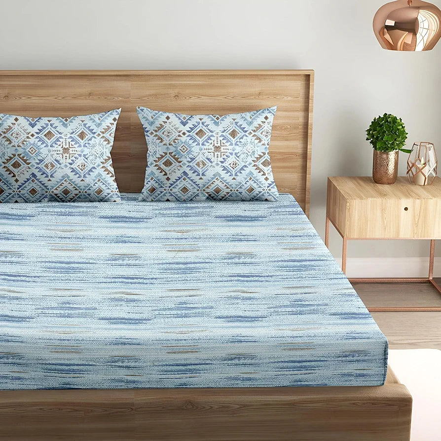 Trance Home Linen 100% Cotton 180 TC Bedsheet Queen Size Printed Fitted Bedspread with 2 Pillow Covers Colour Dhariya Blue
