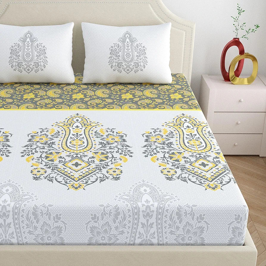 Dreamscape Cotton Double Printed Bedsheet with 2 Pillow Covers Pewter Grey