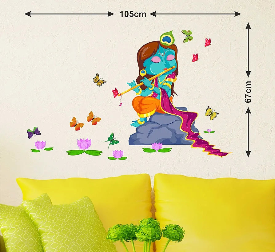 Decals Design Lord Krishna with Flute in Butterfly Background Wall Sticker Multicolour