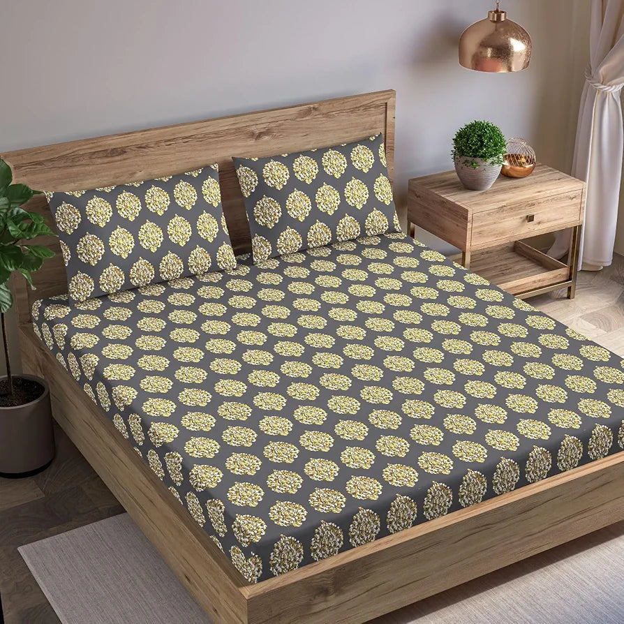 Trance Home Linen 200TC 100% Cotton 78"x60" Standard Queen Size Elastic Fitted Bedsheet Printed Elasticated with 2 Pillow Covers Colour Damask Warm Grey Mustard