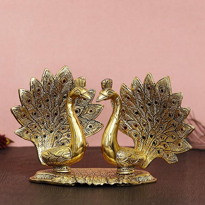 Ecraftindia Loving Golden Swan With Feather Couple 6inch Decorative Metal Figurine