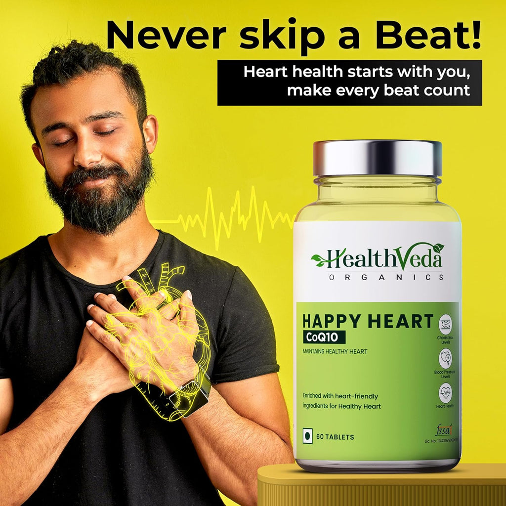 HEALTH VEDA ORGANICS PRIVATE LIMITED Happy Heart Supplement With Coq10, Arjuna Bark, Grape Seed | 60 Veg Tablets | Supports Heart Health & Enhances Blood Circulation | For Both Men & Women