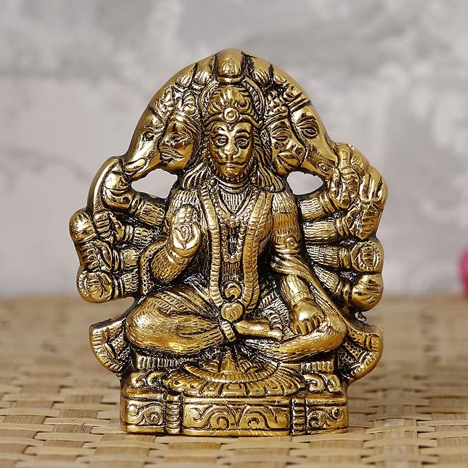 Ecraftindia Golden Metal Lord Panchmukhi Hanuman Statue Bajrangbali Religious Idol