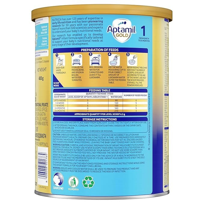 Aptamil Gold Infant Formula Milk Powder for Babies - Stage 1 (Upto 6 months) Tin - 400 gms