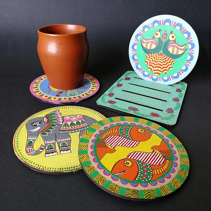 Solobolo Madhubani Painting Kit Tea Coasters With Stand | Art and Craft Coaster Diy Craft Kit | Painting Kit for Kids 6-12