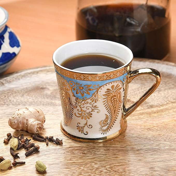 Femora Golden Leaf Tea Mugs, Ceramic Tea Cups, Coffee Mugs | 180 Ml | Golden | 6 Pcs Set | Not Microwave Safe