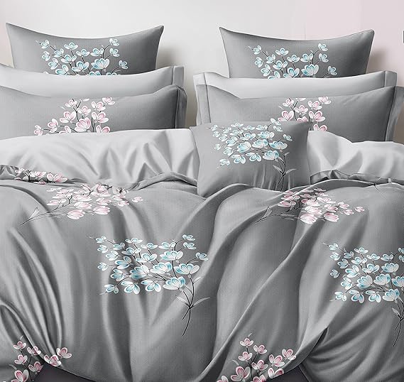 Cortina 140 Tc 100% Microfiber Printed Double Bedsheet Set With Two Pillow Case | 90x100 Inches | Leaf | Grey