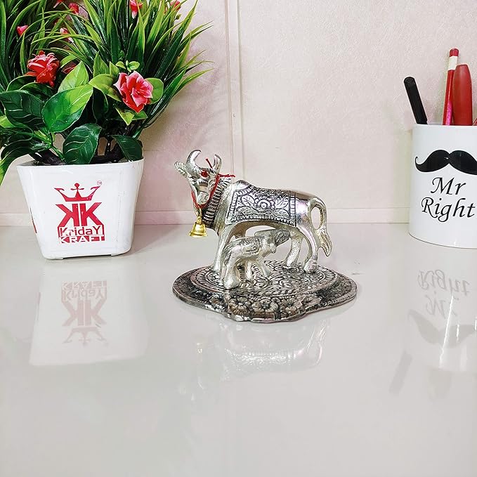 KridayKraft Silver Color Kamdhenu Cow with calf Standing Metal Statue Gau Mata Murti idol
