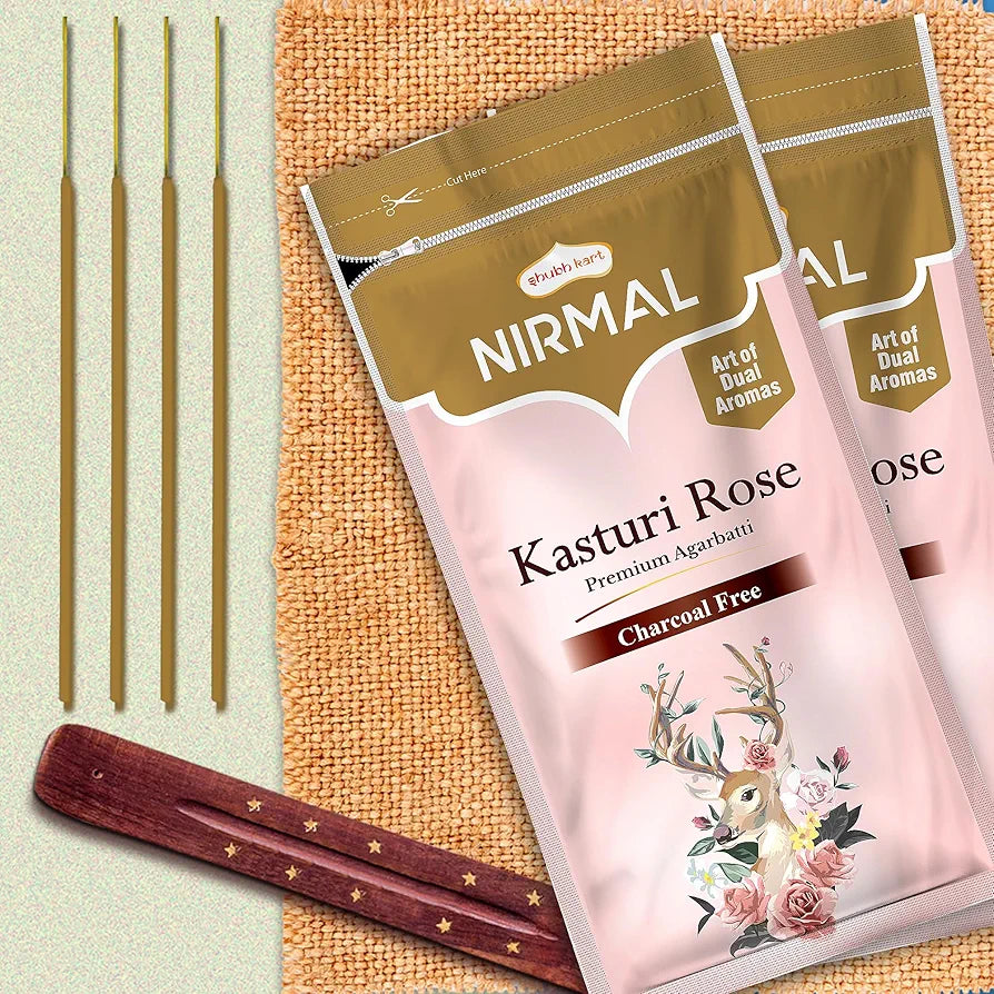 Shubhkart Nirmal Kasturi Rose Premium Agarbatti Stick Agarbatti Zipper Long Sticks Charcoal Free Premium Dual Aroma Kasturi and Rose Fragrance