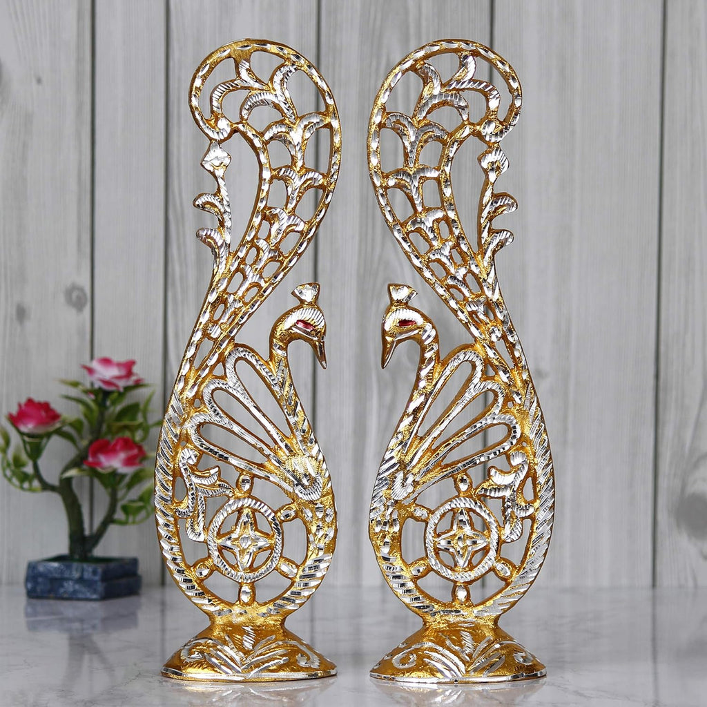 Ecraftindia Golden and Silver Metal Handcrafted Peacock Couple Statues Decorative Birds Figurines Showpieces