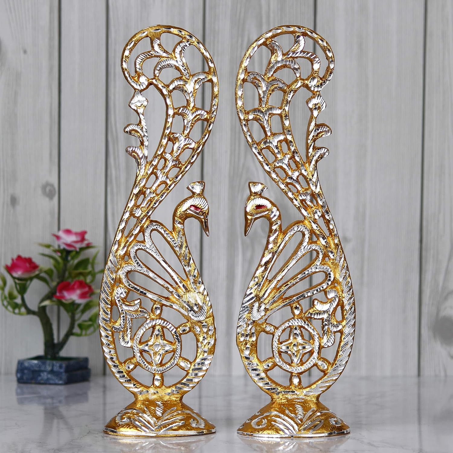 Ecraftindia Golden and Silver Metal Handcrafted Peacock Couple Statues Decorative Birds Figurines Showpieces