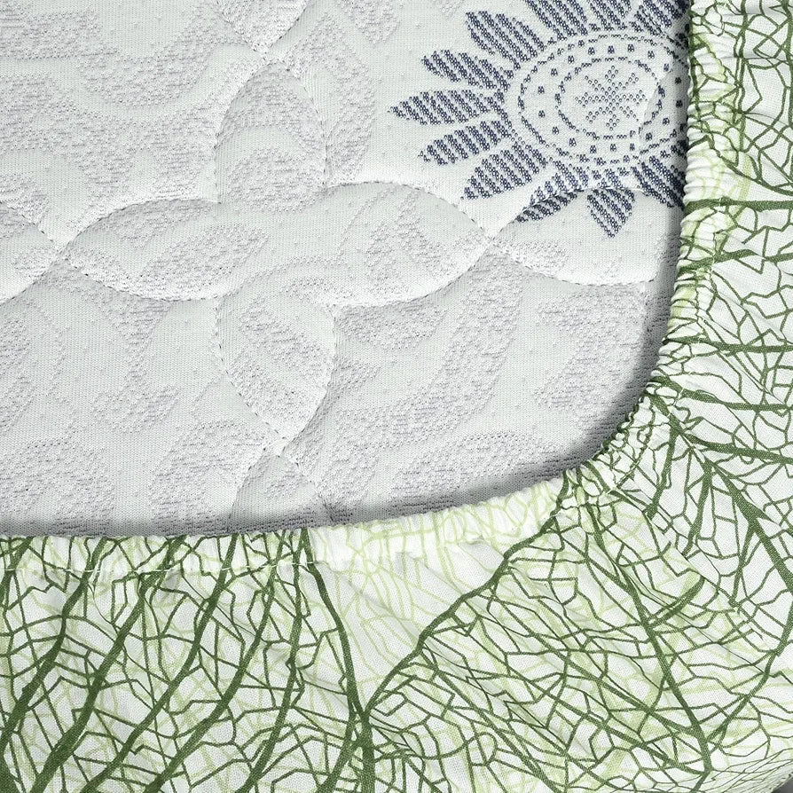Divine Casa 144 TC Cotton Fitted Bedsheet for King Size Bed Floral Green Print 100% Cotton Elastic Fit with 2 Pillow Covers Colour Garden Green