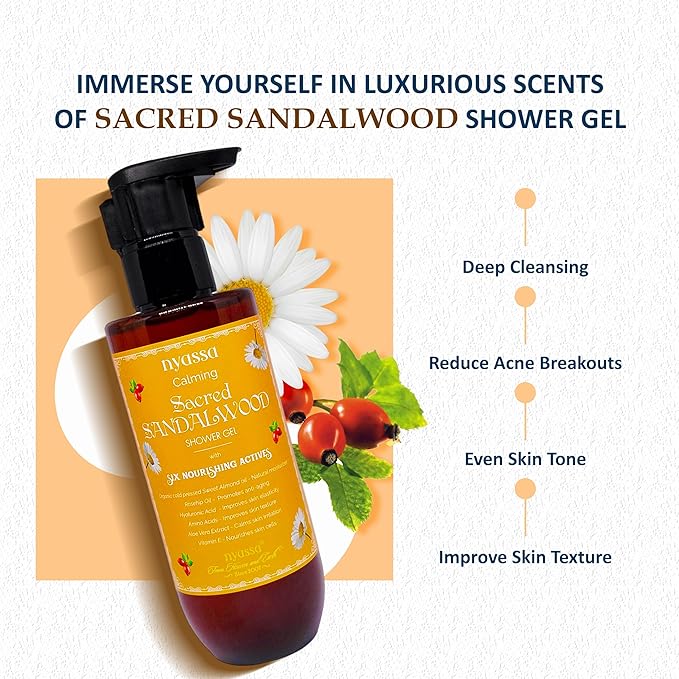 Nyassa Calming Sacred Sandalwood Shower Gel With 6 Nourishing Actives - 210 Ml| Natural Woody Fragrance Body Wash