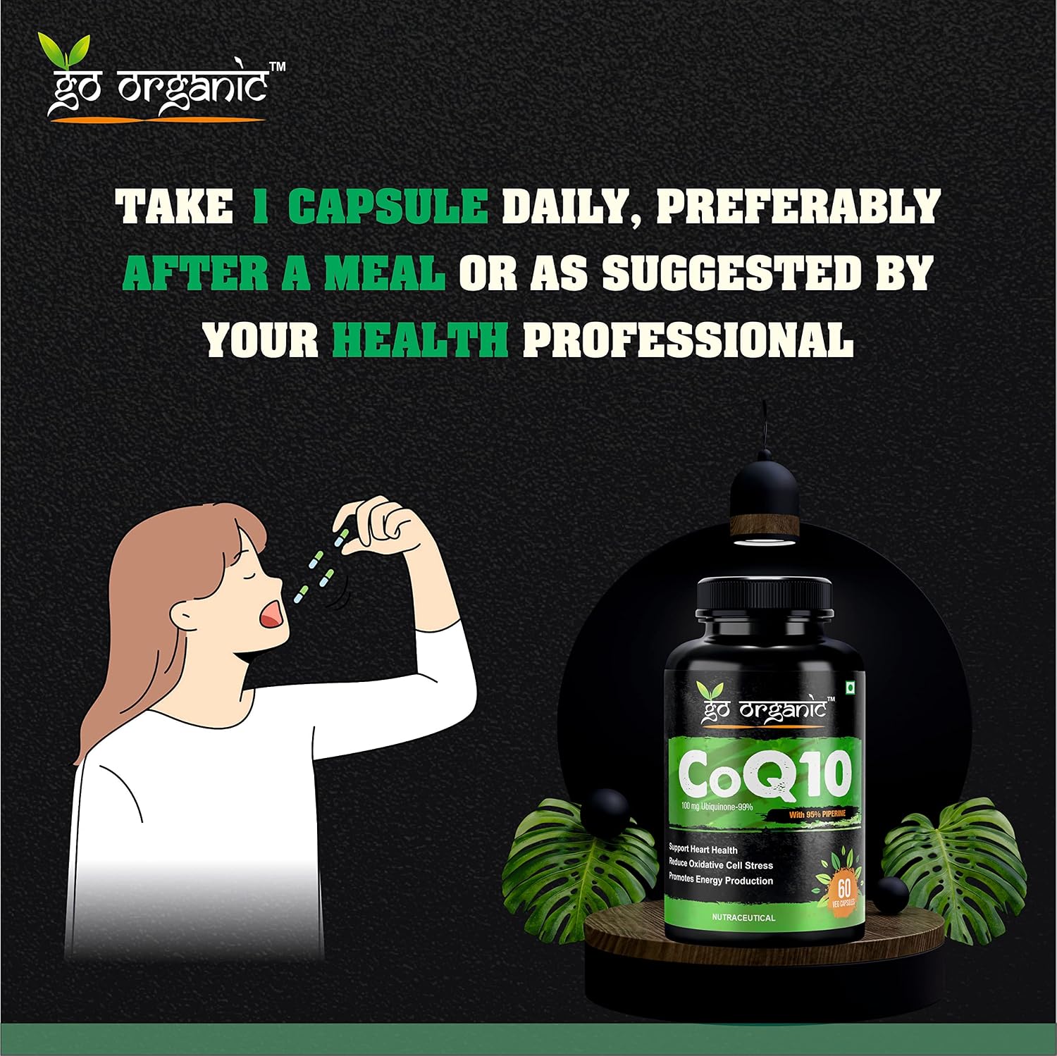 Go Organic Coenzyme Q10 100mg supplement with high absorption to improve BioPerine | 60 Capsule | Supplement for healthy heart and immunity 60 Count