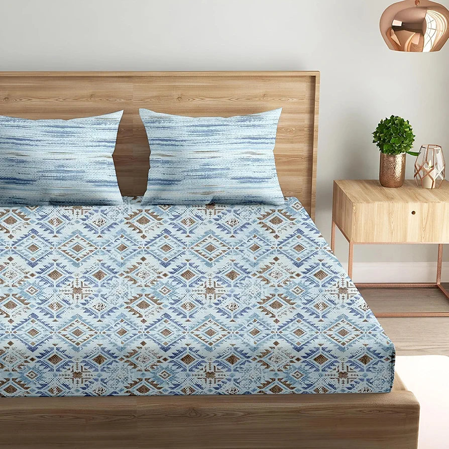 Trance Home Linen 100% Cotton 180 TC Bedsheet Queen Size Printed Fitted Bedspread with 2 Pillow Covers Silken Colour Mosaic Blue