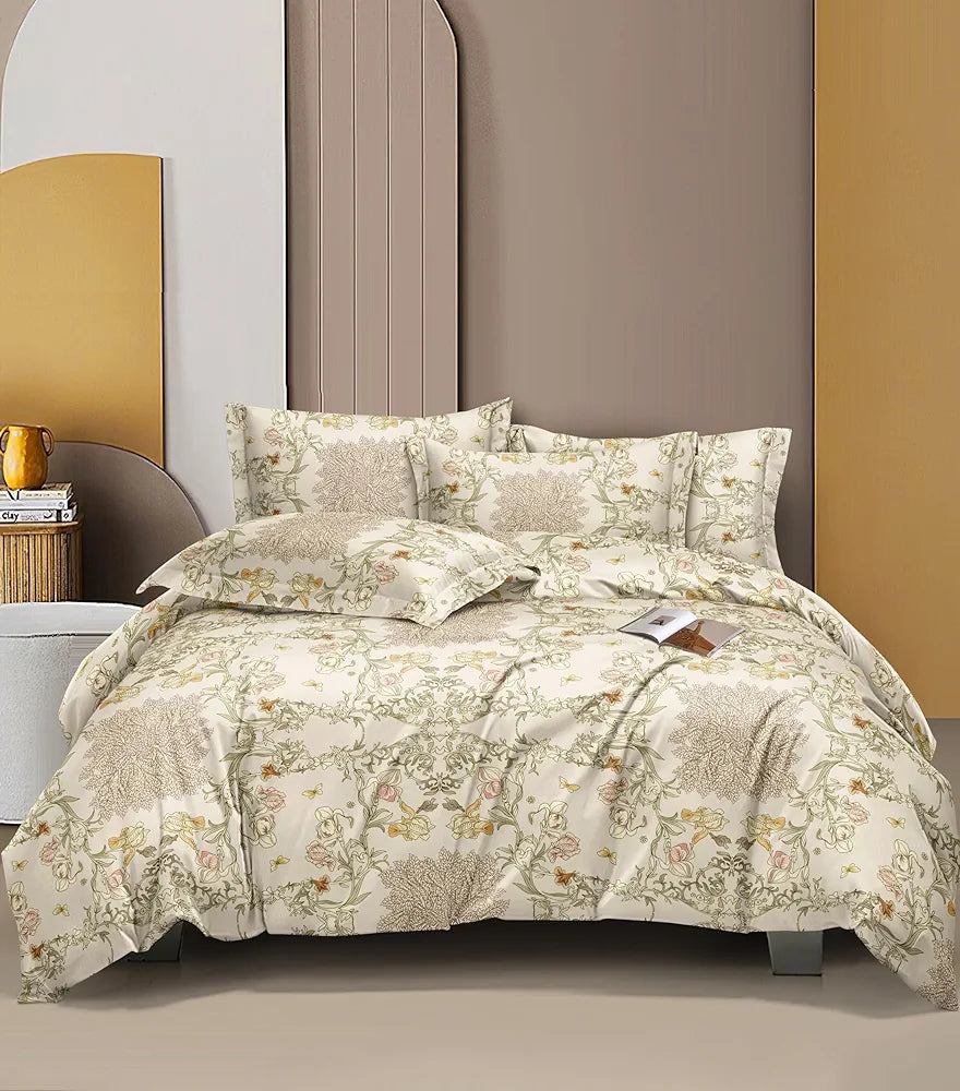 The Home Style Cotton Feel Glace Cotton Elastic Single Bed Bedsheet With 1 Pillow Cover 300 TC Desert Ivory