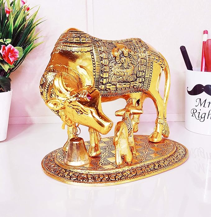 KridayKraft Kamdhenu Cow Calf with Bal Gopal Krishna Metal Statue for Good Luck Feng Shui As Table
