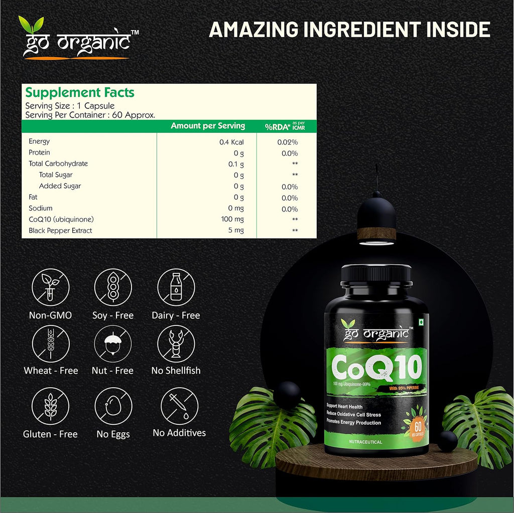 Go Organic Coenzyme Q10 100mg supplement with high absorption to improve BioPerine | 60 Capsule | Supplement for healthy heart and immunity 60 Count