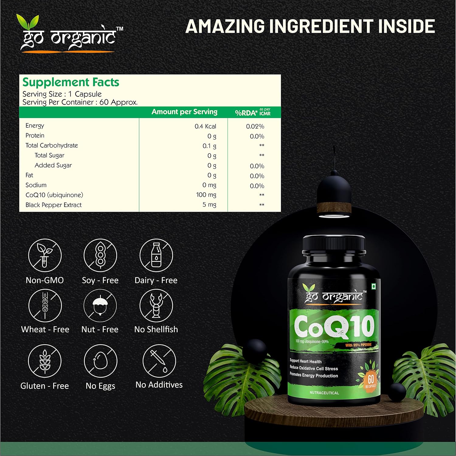 Go Organic Coenzyme Q10 100mg supplement with high absorption to improve BioPerine | 60 Capsule | Supplement for healthy heart and immunity 60 Count