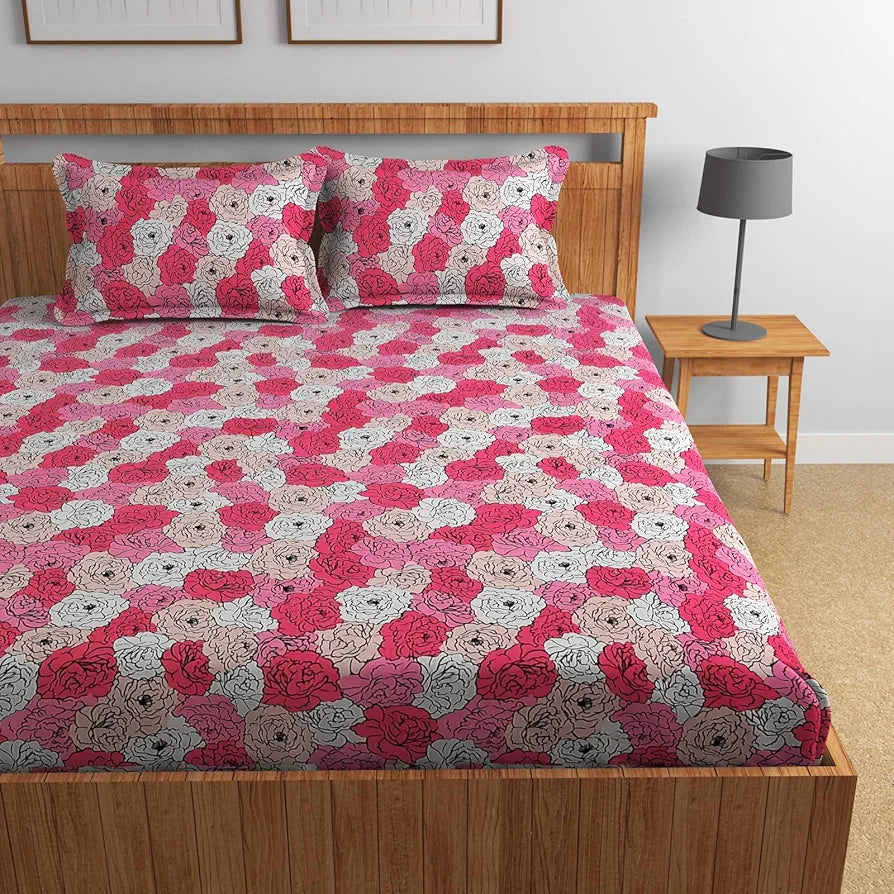 Homefab India 160 TC Glace Cotton Double BedSheet with 2 Pillow Covers Pink Floral