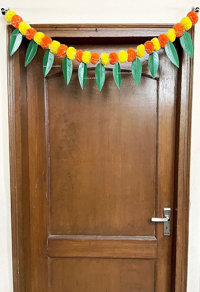 Artificial Fluffy Marigold and Mango Leaves Simple Door-Window Toran  yellow and dark orange